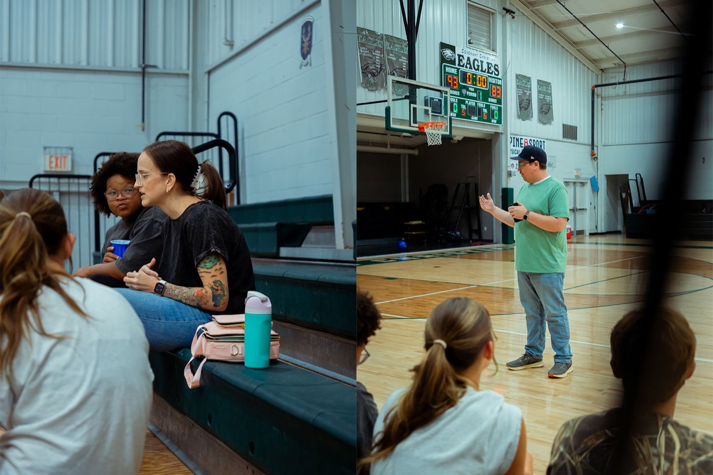 Two moments side by side: students talking on the bleachers, and a leader speaking to the group